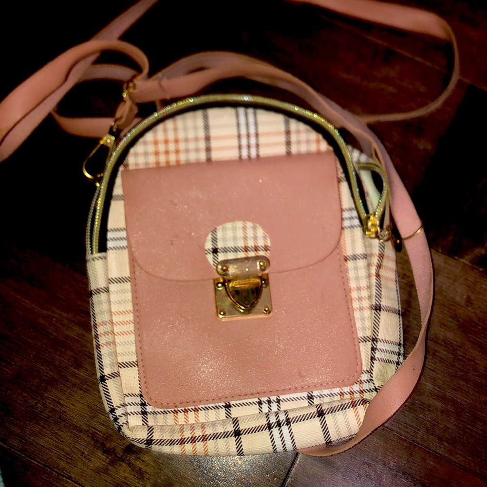 Pink and beige mini side bag has to pockets.